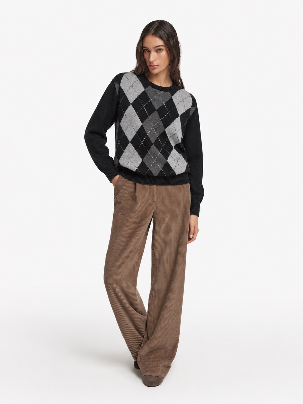 Brandy Melville Black & Gray Argyle Crewneck Sweater One Size